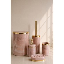 Trend Banyo Mutfak Parça Mermer Desen Banyo Wc Fırçalık, Sıvı - Katı Sabunluk, Çöp Kovası, Diş FırçalıkSeti Akrilik Malzemeden Pembe Renkli Şık Tasarım 5 Parça