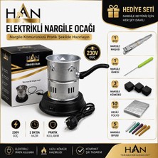 Han Tobacco Han Elektrikli Nargile Ocağı 230V Kömür Yakma Ocağı + Nargile Iğnesi Maşa Kömür Folyo Sipsi Seti
