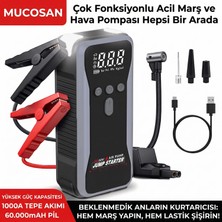 Mucosan 12V 1000AMP 60.000MAH Akıllı Akü Takviye + Powerbank + Hava Kompresörü + LED Lamba Işıklı Oto Marş Hava Kompresörü+ Sert Çantalı