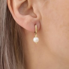 Nox Jewelry 14 Ayar Altın Kaplama 925 Ayar Gümüş 7 mm Beyaz Tatlı Su İncili Sallantılı Kadın Küpe- EP00114