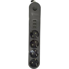 4'lü Siyah Anahtarlı 3 USB Li Akım Korumalı Grup Priz 2 Metre