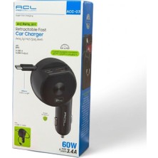 Acl Acc-03 60W Süper Hızlı Araç Şarj Cihazı-3in1 Makaralı Geri Çekilebilir Type-C Kablolu -180°DÖNEN Baş