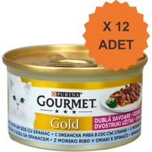 Gourmet Gold Çifte Lezzetli Ispanaklı Sos Içerisinde Okyanus Balıklı Yetişkin Kedi Konservesi 85GR x 12 Adet
