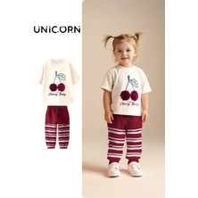 Moda Rüyası Kız Bebek & Çocuk Kiraz Kabartma Ponponlu Krem T-Shirt ve Bordo Çizgili Eşofman Altı Ikili Takım⁠