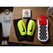 Çoraplı Neon Tekmelik + Kaydırmaz Gripli Çorap + Real Madrid Bileklik 3'lü Paket