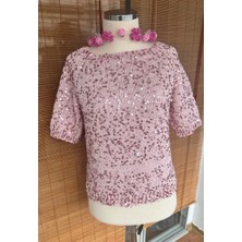 Renkli İşler Fabrikası Pembe ,pullu ,ışıltılı Merserize Bluz