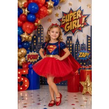 Kız Çocuk Super Girl Pelerinli Kabarık Kostüm Elbise