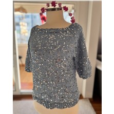 Renkli İşler Fabrikası Indigo Mavisi Pullu Işıltılı Triko Bluz