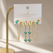 Eos Kolektif Gold Turkuaz Yıldız Figürlü Zincirli Üçlü Küpe Seti