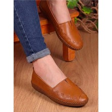 BEREN Hakiki Deri Kadın Babet Ortopedik Taban Düz Motifli Slip-On Comfort Ayakkabı
