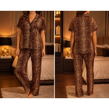 Kadın Leopar Desenli Saten Pijama Takımı Düğmeli Kısa Kollu Cepli Ev Giyim Seti