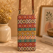 Eos Kolektif Taba Kırmızı Turkuaz Kilim Desenli Goblen Çapraz Telefon Çantası