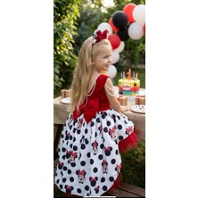 Kız Çocuk Minnie Mickey Mouse Desenli Kırmızı Kuyruklu Tasarım Elbise