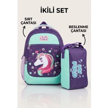MYPOLO Unicorn Desenli Kız Çocuk Ilkokul Çantası ve Isı Yalıtımlı Beslenme Çantası 2'li Set - 3 Bölmeli