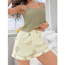 Morliva Kadın Ekru Çiçek Baskılı Şortlu Gecelik Pijama Takımı 5099