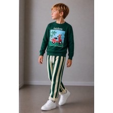 Cg Kids California Baskılı Zümrüt Yeşil Sweatshirt ve Çizgili Pantolonlu Erkek Çocuk 2'li Alt Üst Takım