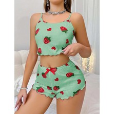 Morliva Kadın Yeşil Çilek Desenli Şortlu Pijama Takımı 5060