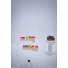 Hanori Collection Kare Renkli French Fransız Stili Manikür - Jel Yapışkanlı Takma Tırnak