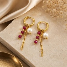 Home Inci Yakut Taşlı Sallantılı Zincir Detaylı Gold Çelik Halka Küpe