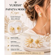 Yurish Kadın Gold Detaylı Trend Ekru Mineli Papatya Model Küpe