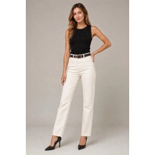 Asl Woman Kadın Yüksek Bel Kemerli Straight Fit Krem Jean Pantolon