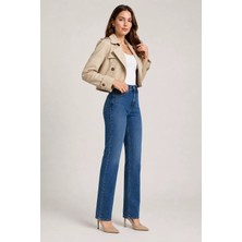 Asl Woman Kadın Yüksek Bel Straight Fit Kesik Paça Koyu Mavi Jean Pantolon