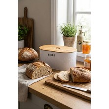 Klarhaus Bambu Kapaklı Metal Ekmek Kutusu ve Ekmeklik - Kesme Tahtası Özellikli Kapak 34X19X16 cm (Beyaz)