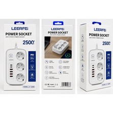 Azurtech Leerfei LF-6688 2500W 3’lü Akım Korumalı Priz 3 USB + 2 Type-C Şarj Soketi