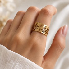 CM Jewelry Ajur Desenli Geniş Form Gold Renk Çelik Ayarlanabilir Yüzük