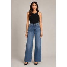 Asl Woman Kadın Yüksek Bel Kesik Paça Wide Leg Vintage Mavi Jean Pantolon