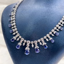 Livora Jewelry 925 Ayar Gümüş Pırlanta Montür Zirkon Taşlı Gerdanlık Tanzanit Kadın Kolye