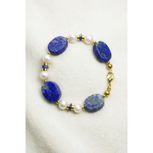 Ilgın Doğal Taş Takı Lapis Lazuli ve Incili Altın Kaplama Kadın Bileklik