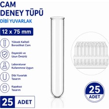 Labolist 12X75 mm Cam Deney Tüpü Dibi Yuvarlak  25 Adet Laboratuvar Test Tüpü