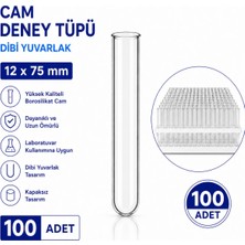 Labolist 12X75 mm Cam Deney Tüpü Dibi Yuvarlak 100 Adet Laboratuvar Test Tüpü