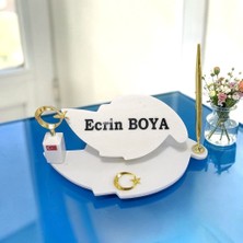 Ecay Mermer Ürünleri Sümen Ofis Için Doğal Beyaz Mermer Yaprak Isimlik Gold Tasarımlı Kalem ve Dikme Ay Yıldız, Önünde Ay Yıldız