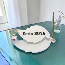 Sümen Ofis Için Doğal Beyaz Mermer Yaprak Isimlik Gold Tasarımlı Kalem ve Dikme Ay Yıldız