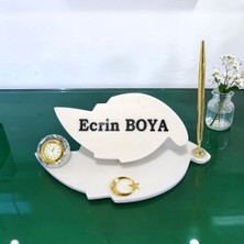Sümen Ofis Için Doğal Beyaz Mermer Yaprak Isimlik Gold Tasarımlı Kalem ve Saat Li Metal Ay Yıldız Lı