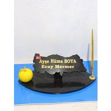 Ecay Mermer Ürünleri Sümen Ofis Için Doğal Siyah Mermer Isimlik Gold Tasarımlı Kalem ve Mermer Sarı Elma