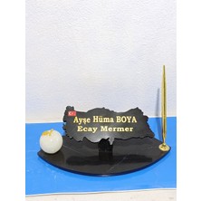 Ecay Mermer Ürünleri Sümen Ofis Için Doğal Siyah Mermer Isimlik Gold Tasarımlı Kalem ve Mermer Doğal Onix Elma