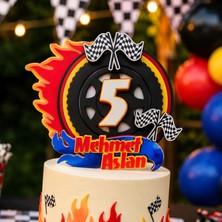 Araba, Yarış, Tekerlek, Damalı Bayrak Temalı Erkek Çocuk Doğum Günü İsme Özel 3D Çubuklu Pasta Süsü Cake Topper