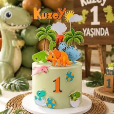 Sevimli Dinozor Temalı Erkek Çocuk Doğum Günü Kişiye Özel Çubuklu Pasta Süsü Seti Cake Topper