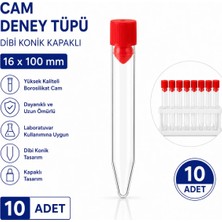 Labolist 16X100 mm Cam Deney Tüpü Dibi Konik Kapaklı 10 Adet Laboratuvar Test Tüpü