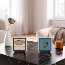 Miaju Manevi Sembol Elif ve Vav Yazısı ile Özel Deri Çevirili Besmele Ikili Set - Hatıralık Dekoratif Obje 10X10 Cm, Pudra - Gök Mavi