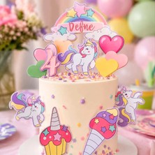 Cake Topper Unicorn Temalı Kız Çocuk Doğum Günü Isme Özel Çubuklu 3d Pasta Süsü Seti