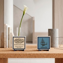 Miaju Tenzih Bilinciyle Zikir Yazısı ile Özel Deri Çevirili Besmele İkili Set - Hatıralık Dekoratif Obje 10x10 cm, Pudra - Gök Mavi