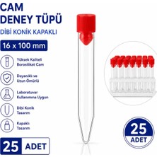 Labolist 16X100 mm Cam Deney Tüpü Dibi Konik Kapaklı 25 Adet Laboratuvar Test Tüpü