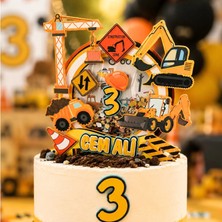 Iş Makineleri Temalı Erkek Çocuk Doğum Günü Isme Özel 3D Pasta Parti Süsü Cake Topper (22x22 cm )