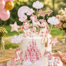 Unicorn Temalı Kız Çocuk Doğum Günü Kişiye Özel 3D Pasta Parti Süsü Seti Cake Topper