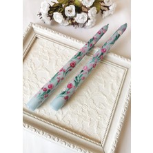 Halley Concept Mavi Çiçek Desenli El Boyaması Dekoratif Ikili Mum – 25 cm