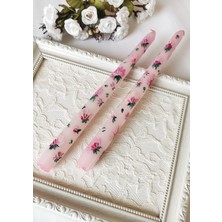 Halley Concept Pembe Çiçek Desenli El Boyaması Dekoratif Ikili Mum – 25 cm